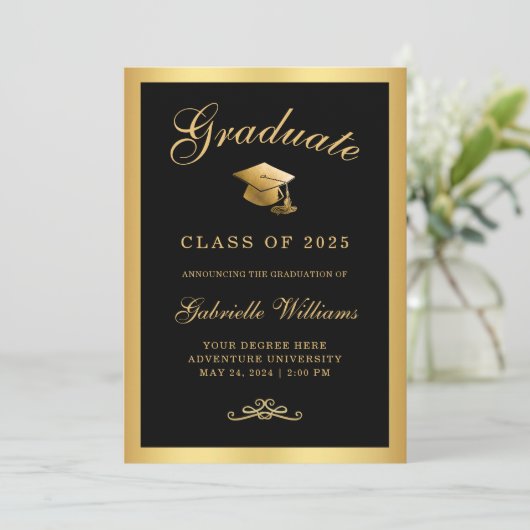 Faire-part Chic Black Gold Frame Script Graduation (Debout devant)