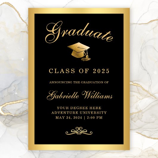 Faire-part Chic Black Gold Frame Script Graduation