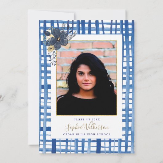 Faire-part Chic bleu Plaid et Fleurs Graduation Photo (Devant)