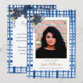 Faire-part Chic bleu Plaid et Fleurs Graduation Photo (Devant / Derrière)