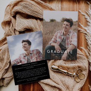 Faire-part Chic Dark Black Message et diplôme photo