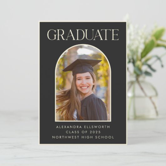 Faire-part Chic Elegant Photo Moderne Black Arch Graduation (Debout devant)