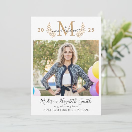 Faire-part Chic Gold Monogramme Girly Script 2 Photo Graduati (Debout devant)