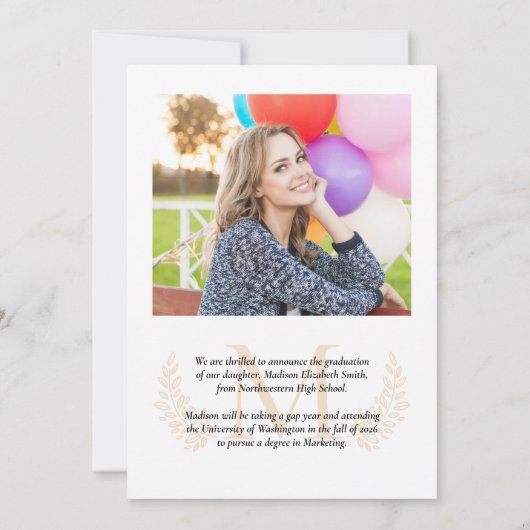 Faire-part Chic Gold Monogramme Girly Script 2 Photo Graduati (Dos)