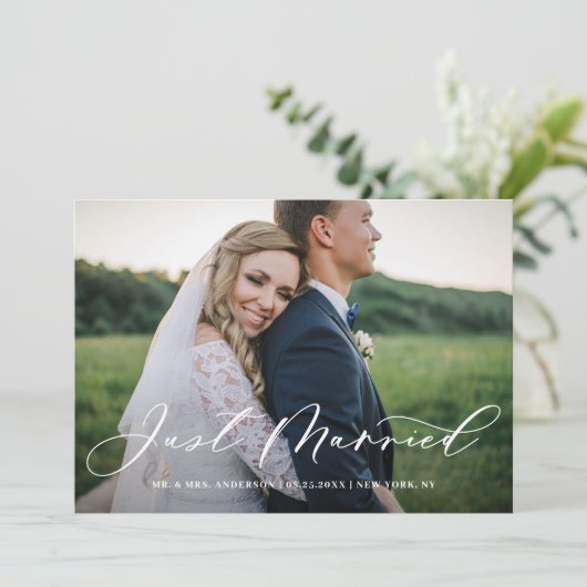 Faire-part Chic Just Married Calligraphie horizontale (Debout devant)