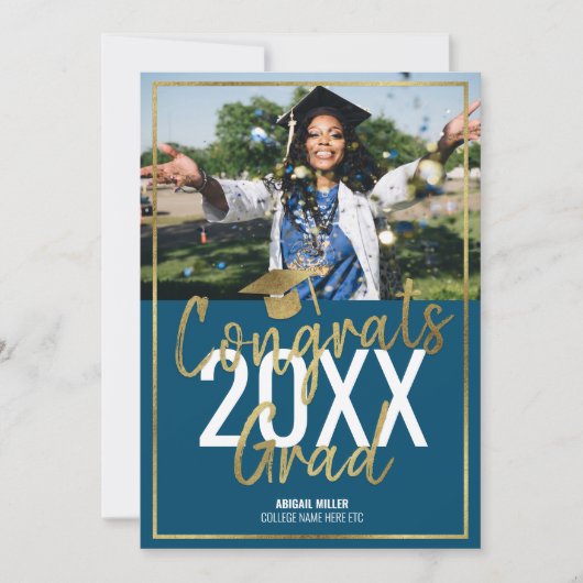 Faire-part Chic Moderne Bleu Et Or Script Graduation (Devant)