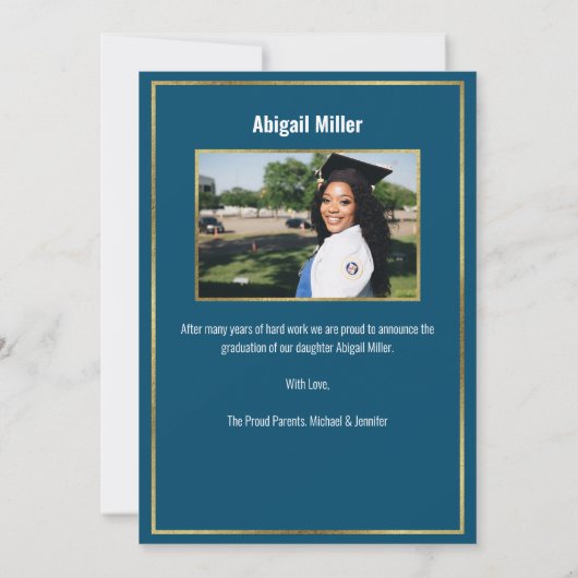 Faire-part Chic Moderne Bleu Et Or Script Graduation (Dos)