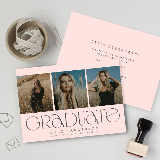 Faire-part Chic Moderne Blush Pink 3 Photo Graduation