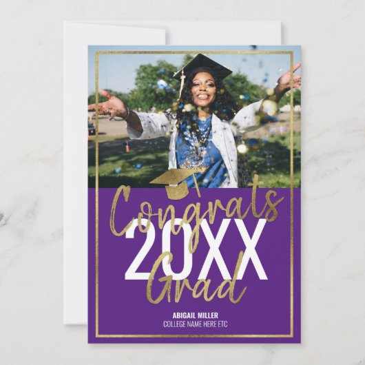 Faire-part Chic Moderne Purple Et Gold Script Graduation (Devant)
