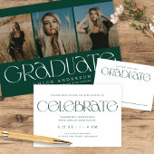 Faire-part Chic Moderne Vert foncé 3 Photo Graduation