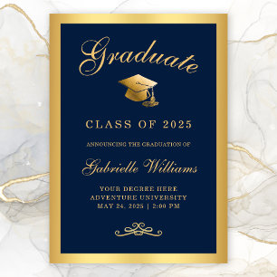 Faire-part Chic Navy Blue Gold Frame Script Graduation