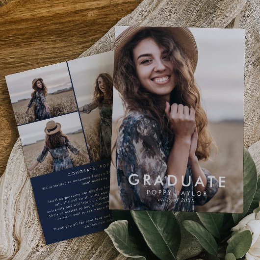 Faire-part Chic Navy Blue Message Photo Collage Graduation