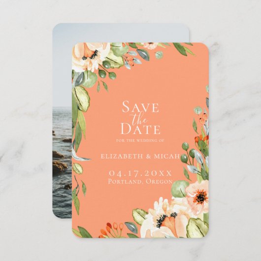 Faire-part Chic Peach Botanical Photo Enregistrer La Date (Devant / Derrière)