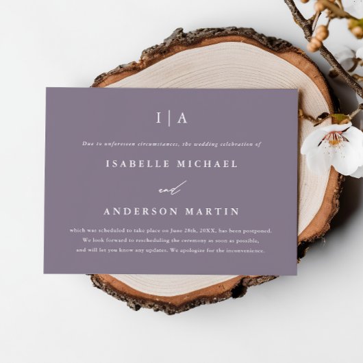 Faire-part Chic Smoky Purple Monogramme Mariage Postponton