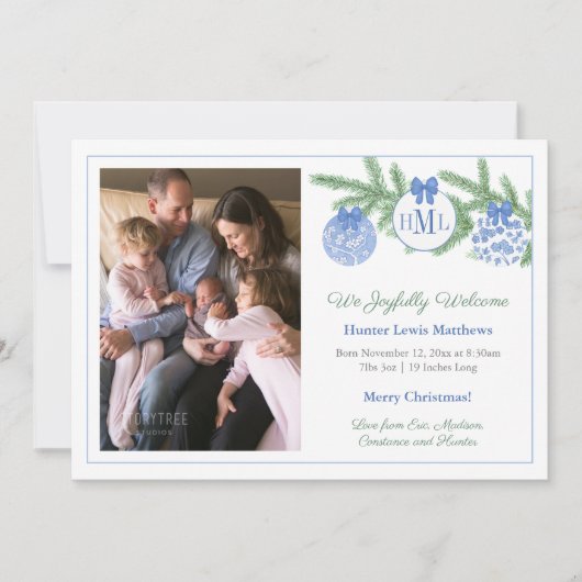 Faire-part Chinoiserie Monogramme Noël Bébé Garçon Naissance (Devant)