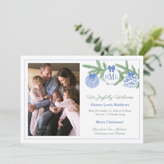 Faire-part Chinoiserie Monogramme Noël Bébé Garçon Naissance (Debout devant)