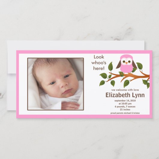 Faire-part Chouette rose Bébé Fille Naissance Annouement (Devant)