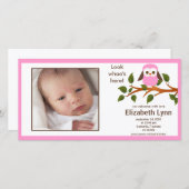 Faire-part Chouette rose Bébé Fille Naissance Annouement (Devant / Derrière)