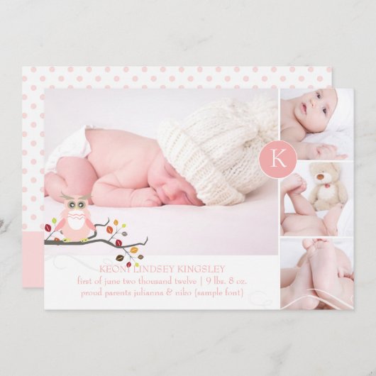 Faire-part Chouette rose PixDezines/do-it-yourself couleur ac (Devant / Derrière)