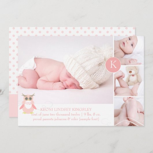 Faire-part Chouette rose PixDezines/do-it-yourself couleur ac (Devant / Derrière)