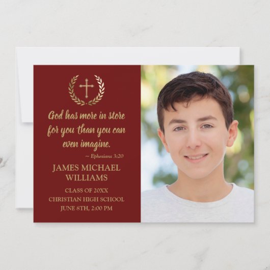 Faire-part Christian Bible Verse Photo Maroon Boy Graduation (Devant)