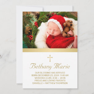 Faire-part Christian Gold Script Holiday Baby Birth Photo