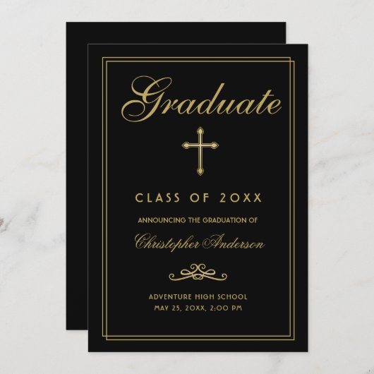 Faire-part Christian Graduation Black Gold Cross Script (Devant / Derrière)