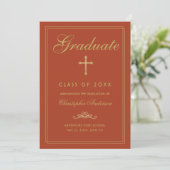 Faire-part Christian Graduation Orange Gold Cross Script (Debout devant)