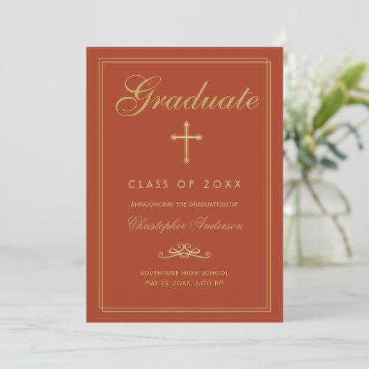 Faire-part Christian Graduation Orange Gold Cross Script (Debout devant)