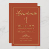 Faire-part Christian Graduation Orange Gold Cross Script (Devant / Derrière)