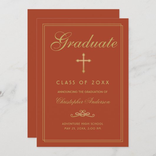 Faire-part Christian Graduation Orange Gold Cross Script (Devant / Derrière)