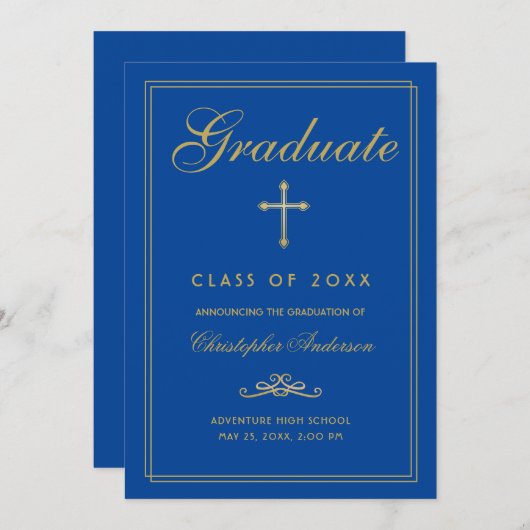 Faire-part Christian Graduation Royal Blue Gold Cross Script (Devant / Derrière)