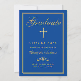 Faire-part Christian Graduation Royal Blue Gold Cross Script