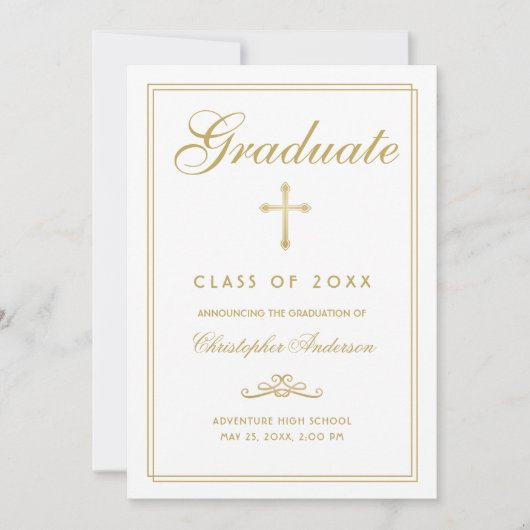 Faire-part Christian Graduation White Gold Cross Script (Devant)