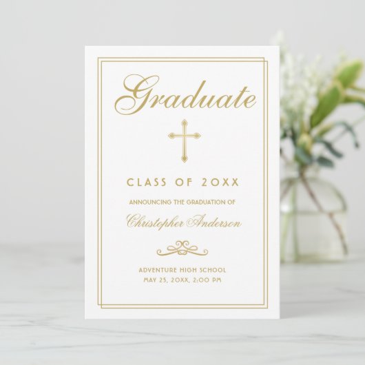 Faire-part Christian Graduation White Gold Cross Script (Debout devant)