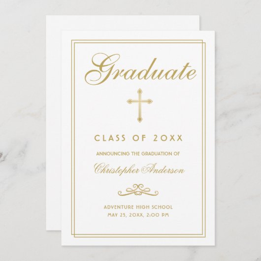 Faire-part Christian Graduation White Gold Cross Script (Devant / Derrière)