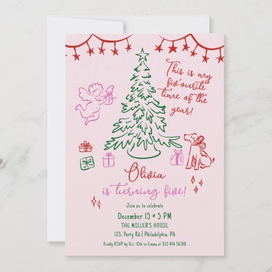 Faire-part Christmas 5th birthday whimsical tree (Devant)