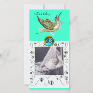Faire-part CIGOGNE BABE SHOWER TOURBILLONS MONOGRAMME aquamar