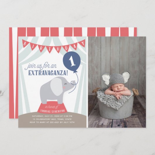 Faire-part Circus Tent Elephant Anniversaire Extravaganza Pho (Devant / Derrière)