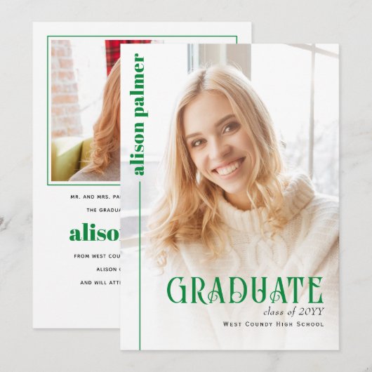 Faire-part Class of 2026 GRADUATE minimalist green photo (Devant / Derrière)