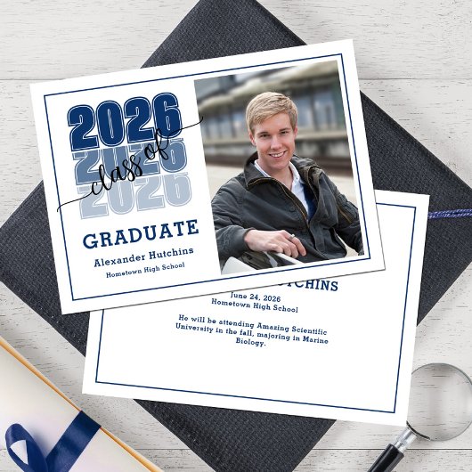 Faire-part Class of 2026 Navy Blue Modern Bold Photo Grad