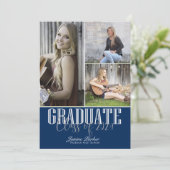 Faire-part Classe Ajouter Quatre Photos Bleu Graduation (Debout devant)
