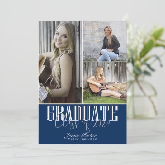 Faire-part Classe Ajouter Quatre Photos Bleu Graduation (Debout devant)