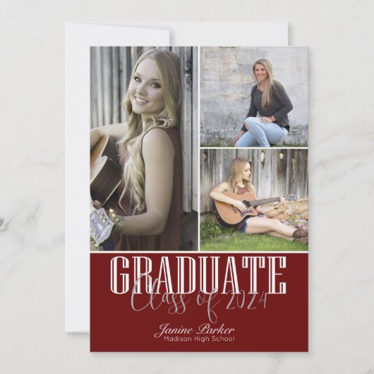 Faire-part Classe Ajouter Quatre Photos Red Graduation (Devant)