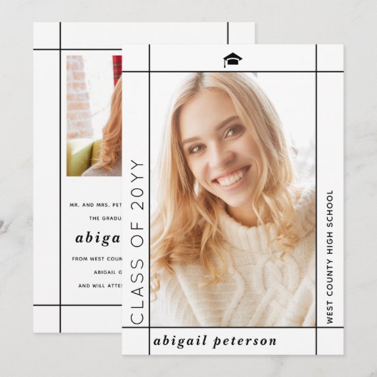 Faire-part Classe blanche moderne de photo de graduation 2025 (Devant / Derrière)