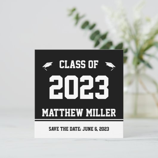 Faire-part Classe de 2023 Enregistrer la date Black White Gra (Debout devant)