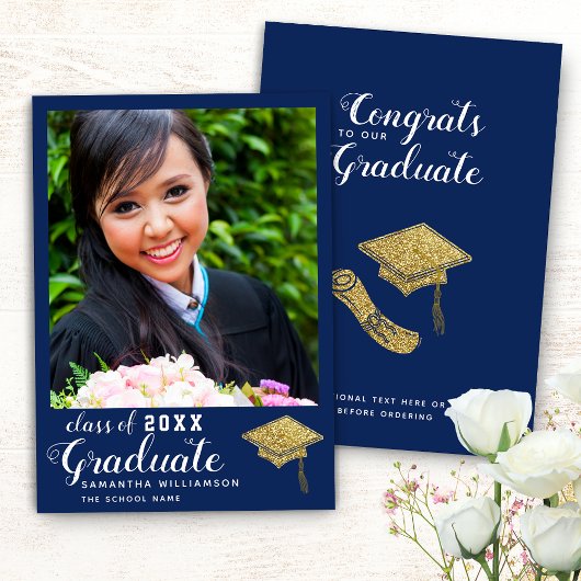 Faire-part Classe de 2025 Blue White Gold Photo Graduation