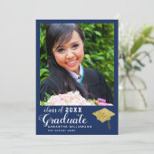 Faire-part Classe de 2025 Blue White Gold Photo Graduation (Debout devant)