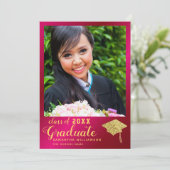 Faire-part Classe de 2025 Hot Pink and Gold Photo Graduation (Debout devant)