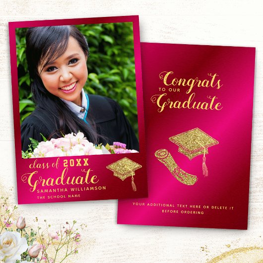 Faire-part Classe de 2025 Hot Pink and Gold Photo Graduation
